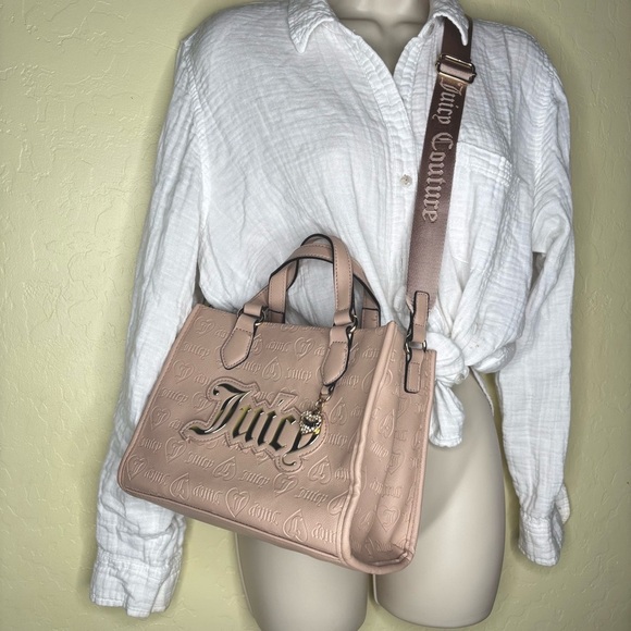 Juicy Couture Neutral Monogram Mini Crossbody Tote Handbag with Heart Charm Nwot - Picture 15 of 16